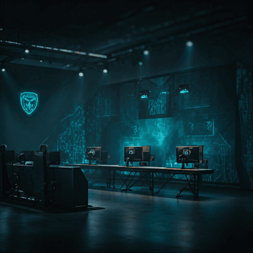 Arène eSport éclairée en bleu sarcelle avec postes de jeu alignés